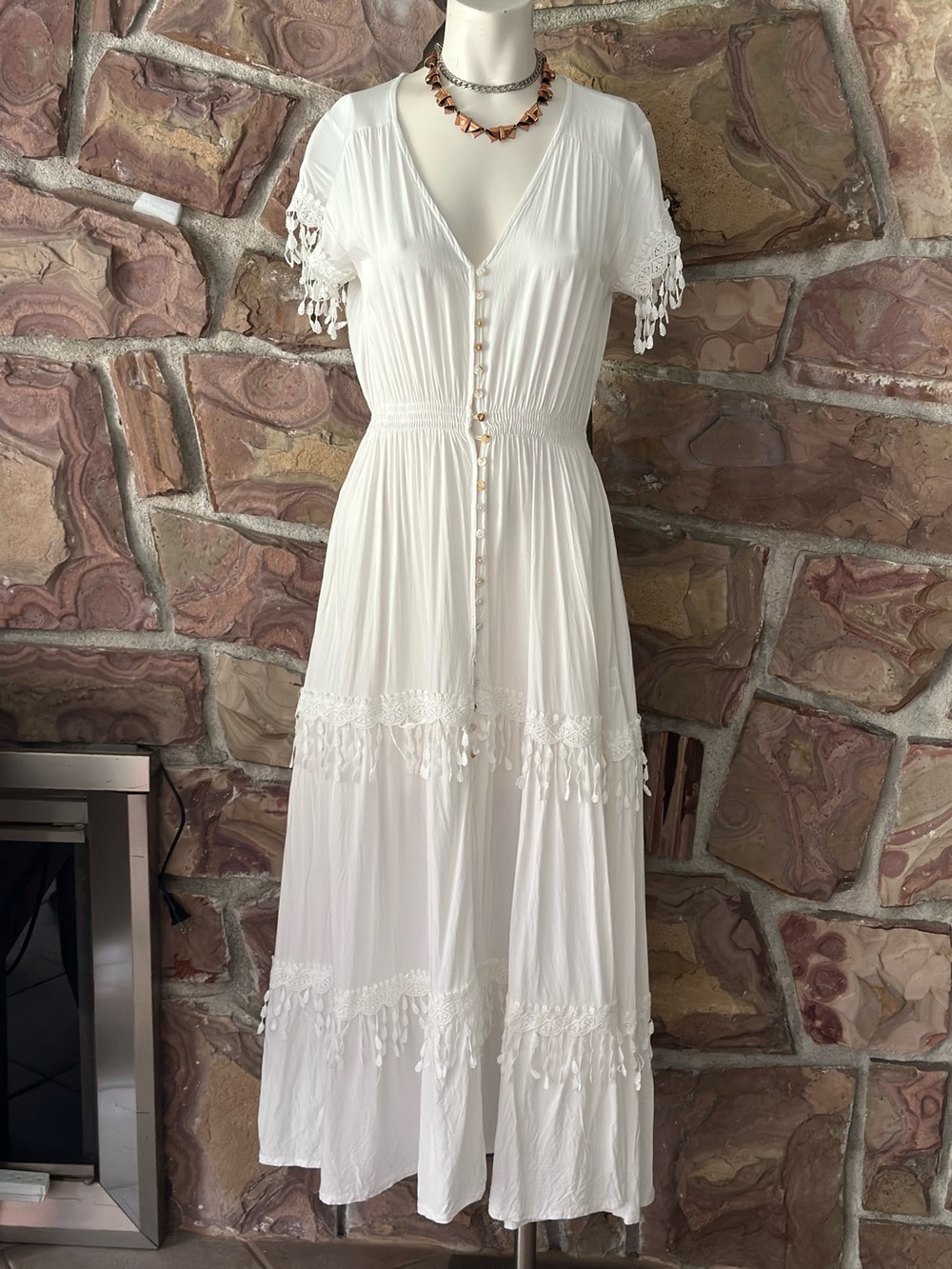 Jaase Embroidered White Cottagecore Boho Hippie Maxi Coverup‎ Dress Fairy Whims